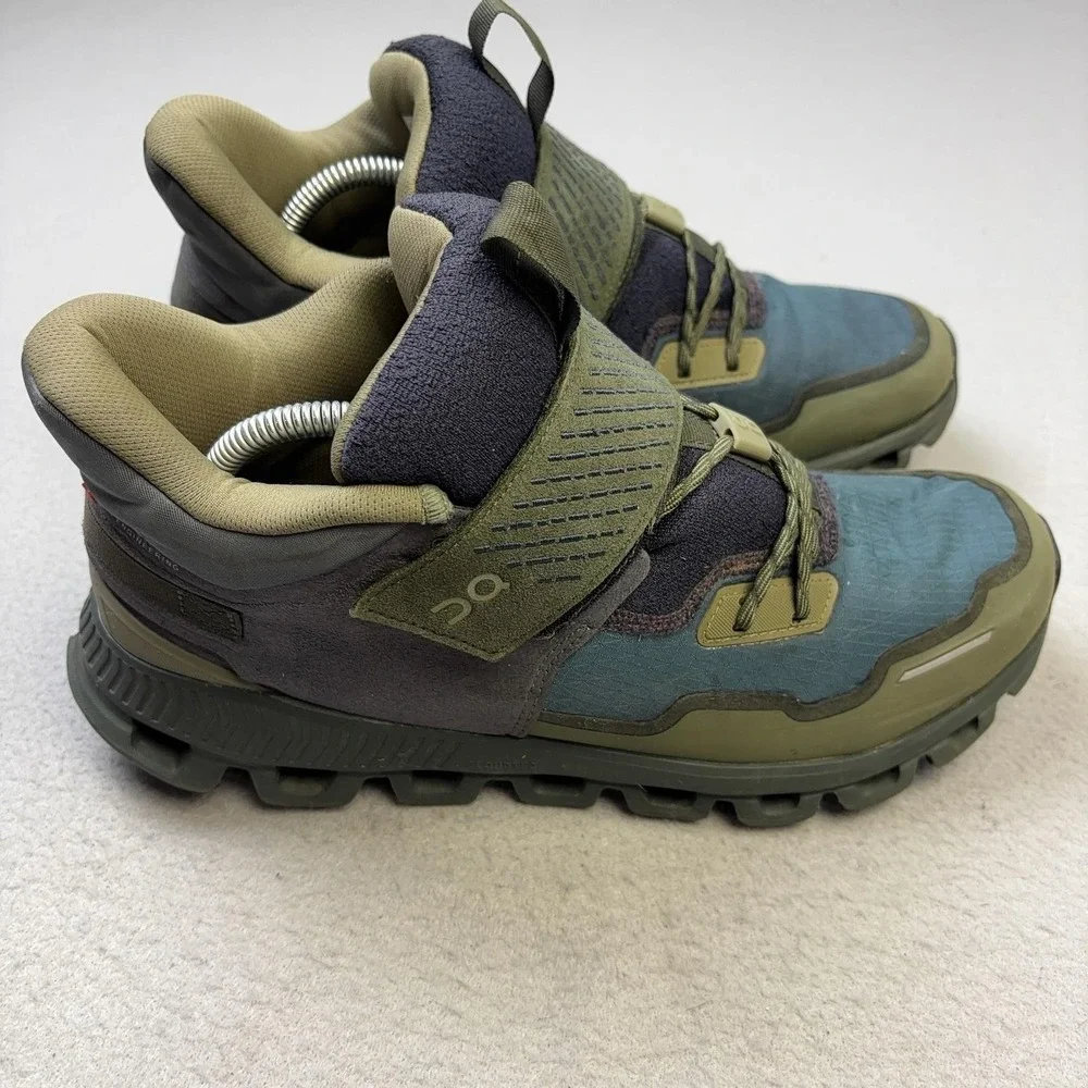 On Cloud Hi Edge Defy Shoes Mens Size 10.5 Green Suede Trail Hiking Sneakers
